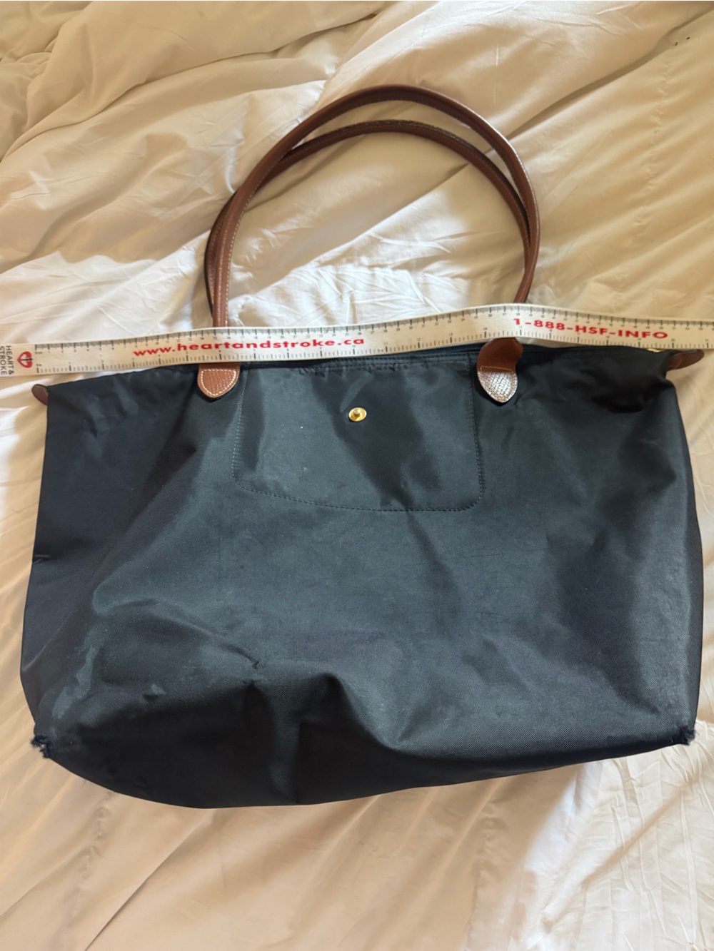 Authentic Longchamp Le Pliage Classic Black & Brown Tote Euro Chic - Picture 9 of 10